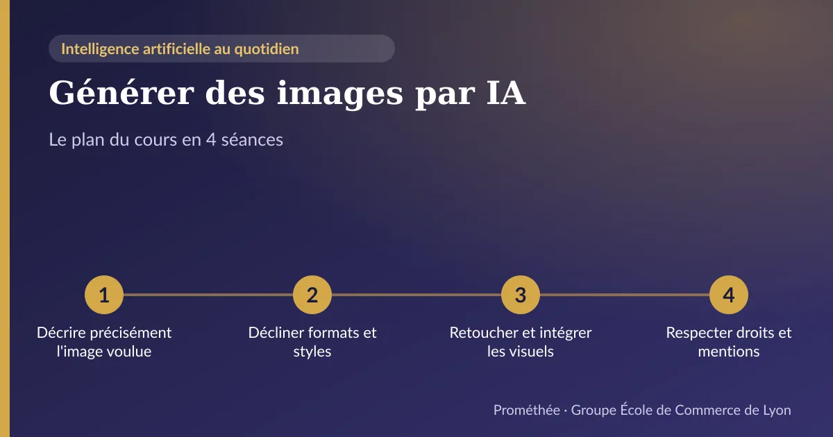 Infographie : plan du cours « Générer des images par IA » en 4 séances — 1. Décrire précisément l'image voulue ; 2. Décliner formats et styles ; 3. Retoucher et intégrer les visuels ; 4. Respecter droits et mentions