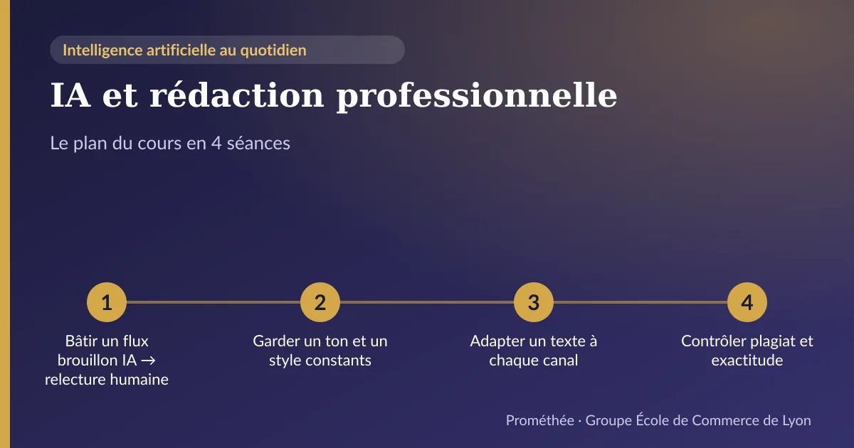 Infographie : plan du cours « IA et rédaction professionnelle » en 4 séances — 1. Bâtir un flux brouillon IA → relecture humaine ; 2. Garder un ton et un style constants ; 3. Adapter un texte à chaque canal ; 4. Contrôler plagiat et exactitude