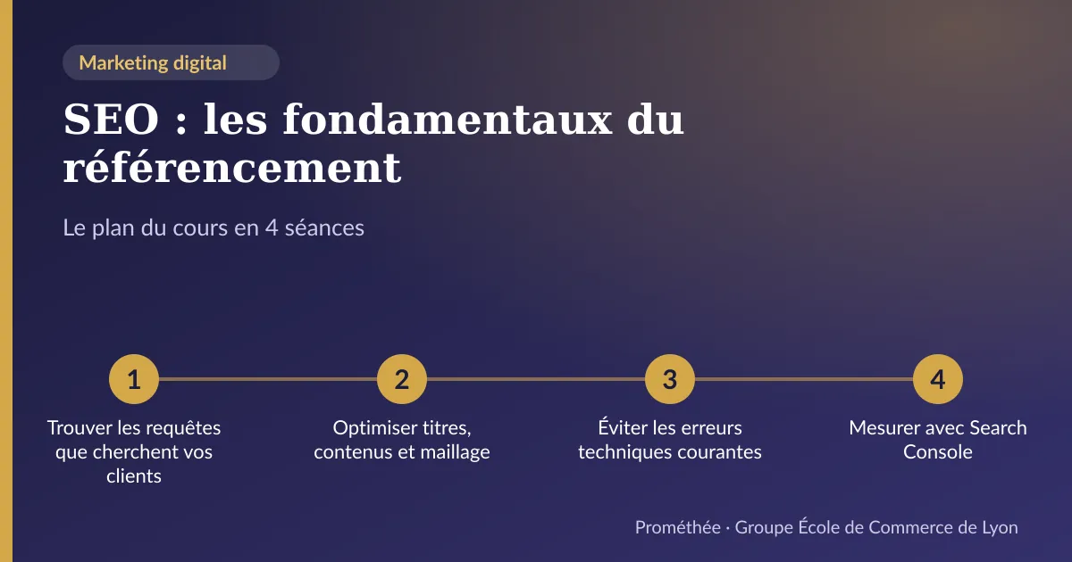 Infographie : plan du cours « SEO : les fondamentaux du référencement » en 4 séances — 1. Trouver les requêtes que cherchent vos clients ; 2. Optimiser titres, contenus et maillage ; 3. Éviter les erreurs techniques courantes ; 4. Mesurer avec Search Console