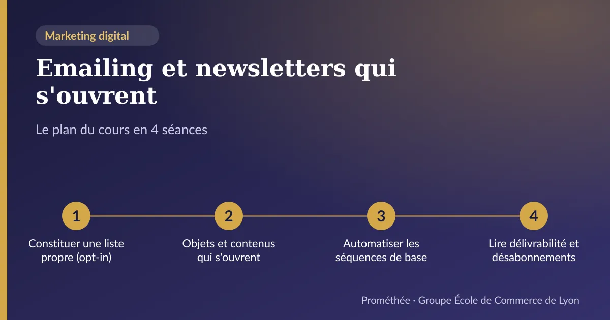 Infographie : plan du cours « Emailing et newsletters qui s'ouvrent » en 4 séances — 1. Constituer une liste propre (opt-in) ; 2. Objets et contenus qui s'ouvrent ; 3. Automatiser les séquences de base ; 4. Lire délivrabilité et désabonnements