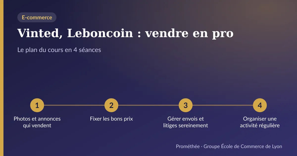 Infographie : plan du cours « Vinted, Leboncoin : vendre en pro » en 4 séances — 1. Photos et annonces qui vendent ; 2. Fixer les bons prix ; 3. Gérer envois et litiges sereinement ; 4. Organiser une activité régulière