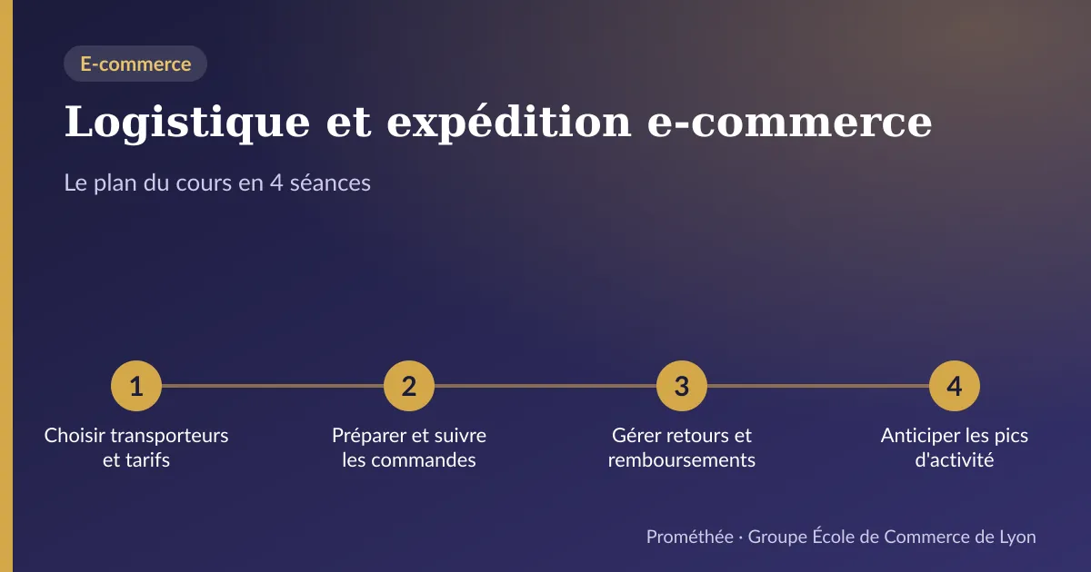 Infographie : plan du cours « Logistique et expédition e-commerce » en 4 séances — 1. Choisir transporteurs et tarifs ; 2. Préparer et suivre les commandes ; 3. Gérer retours et remboursements ; 4. Anticiper les pics d'activité