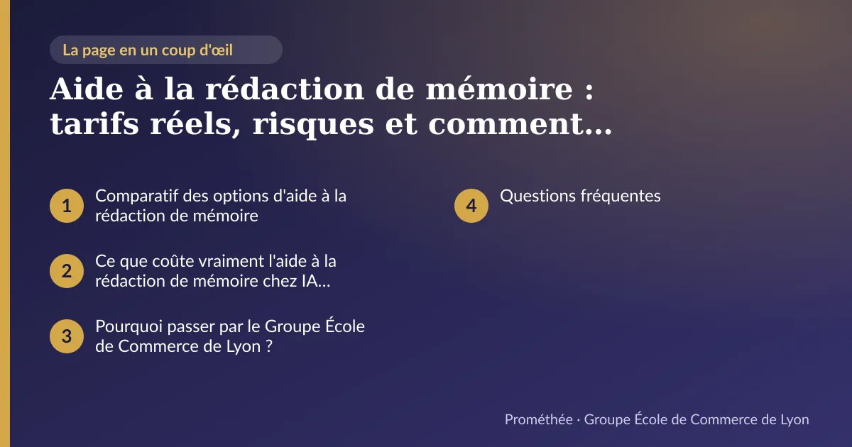 Infographie : plan de la page « Aide à la rédaction de mémoire : tarifs réels, risques et comment choisir en 2026 » — Comparatif des options d'aide à la rédaction de mémoire ; Ce que coûte vraiment l'aide à la rédaction de mémoire chez IA Prométhée ; Pourquoi passer par le Groupe École de Commerce de Lyon ? ; Questions fréquentes