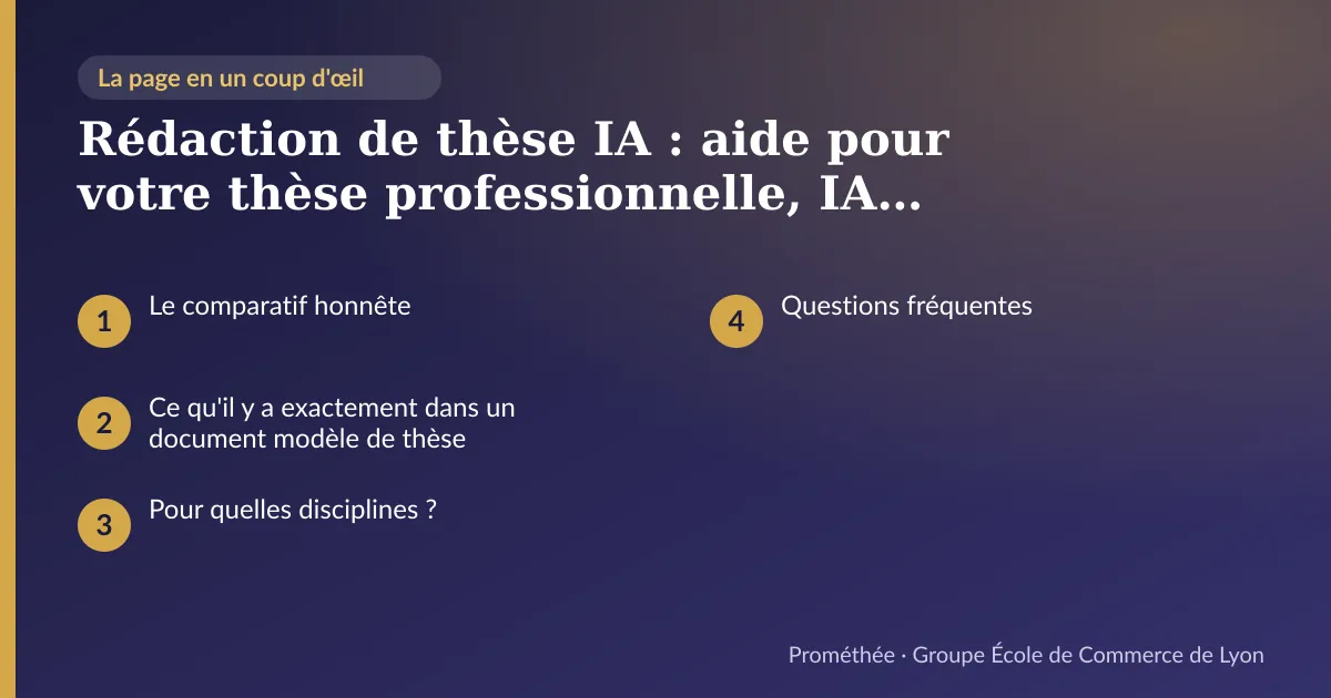 Infographie : plan de la page « Rédaction de thèse IA : aide pour votre thèse professionnelle, IA spécialisée ou ghostwriter ? » — Le comparatif honnête ; Ce qu'il y a exactement dans un document modèle de thèse ; Pour quelles disciplines ? ; Questions fréquentes
