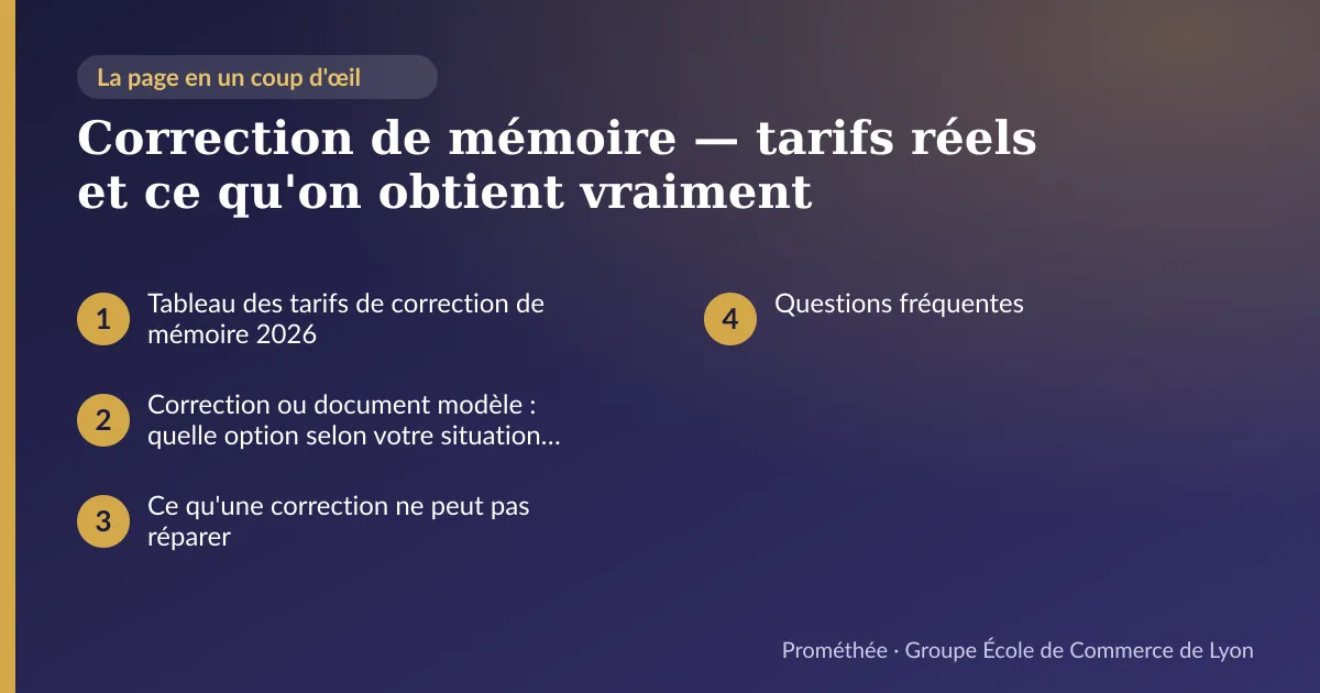 Infographie : plan de la page « Correction de mémoire — tarifs réels et ce qu'on obtient vraiment » — Tableau des tarifs de correction de mémoire 2026 ; Correction ou document modèle : quelle option selon votre situation ? ; Ce qu'une correction ne peut pas réparer ; Questions fréquentes