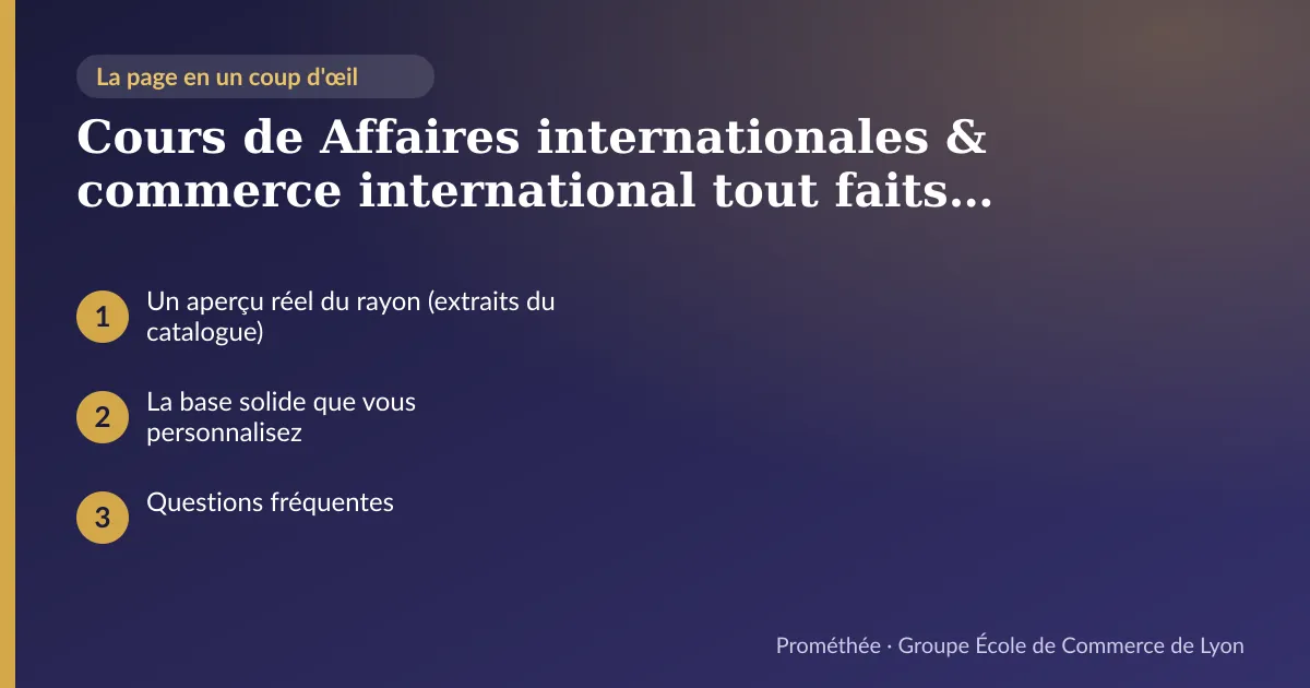 Infographie : plan de la page « Cours de Affaires internationales & commerce international tout faits : 52 supports complets, à projeter ou à s'approprier » — Un aperçu réel du rayon (extraits du catalogue) ; La base solide que vous personnalisez ; Questions fréquentes
