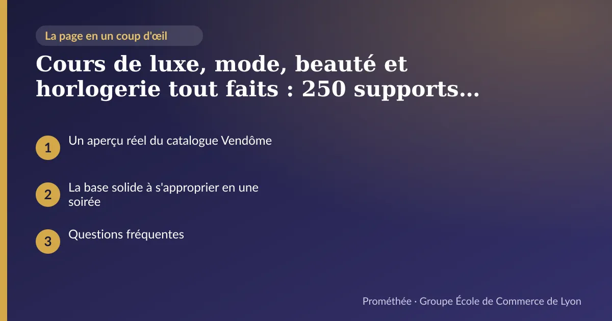 Infographie : plan de la page « Cours de luxe, mode, beauté et horlogerie tout faits : 250 supports prêts à l'emploi » — Un aperçu réel du catalogue Vendôme ; La base solide à s'approprier en une soirée ; Questions fréquentes