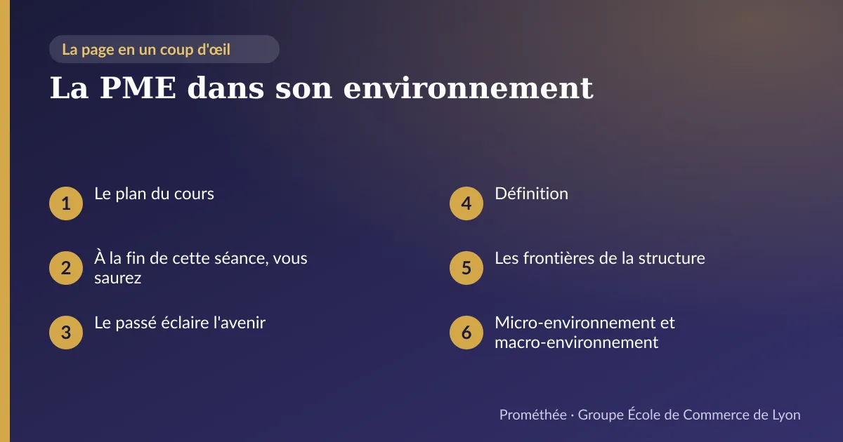 Infographie : plan de la page « La PME dans son environnement » — Le plan du cours ; À la fin de cette séance, vous saurez ; Le passé éclaire l'avenir ; Définition ; Les frontières de la structure ; Micro-environnement et macro-environnement