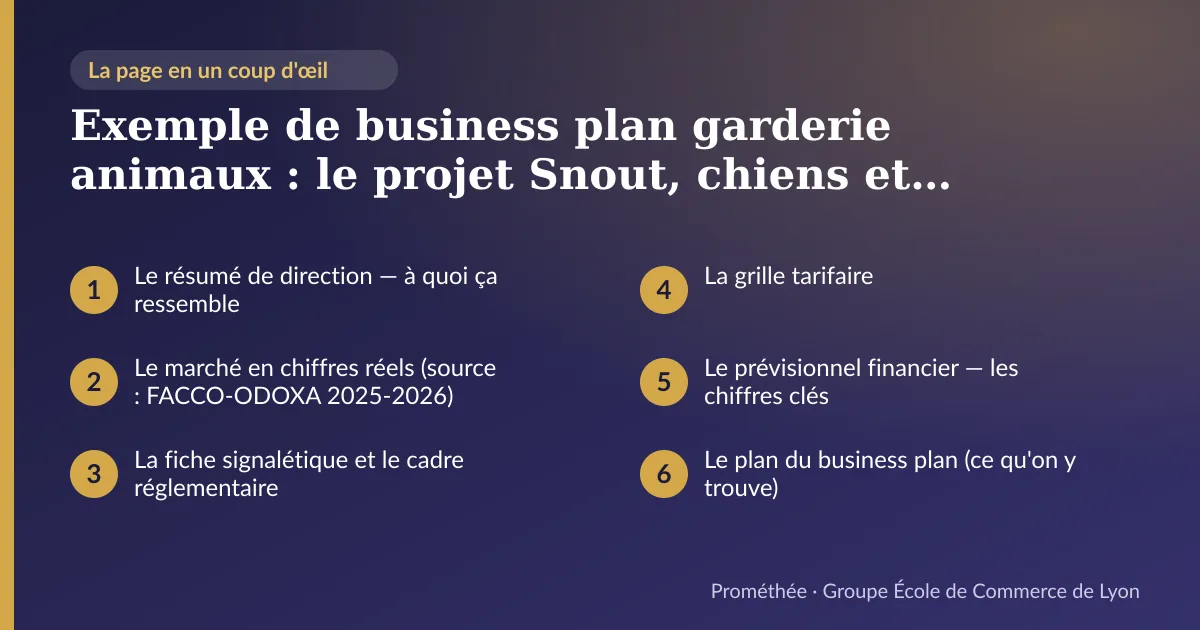 Infographie : plan de la page « Exemple de business plan garderie animaux : le projet Snout, chiens et chats à Thurins » — Le résumé de direction — à quoi ça ressemble ; Le marché en chiffres réels (source : FACCO-ODOXA 2025-2026) ; La fiche signalétique et le cadre réglementaire ; La grille tarifaire ; Le prévisionnel financier — les chiffres clés ; Le plan du business plan (ce qu'on y trouve)