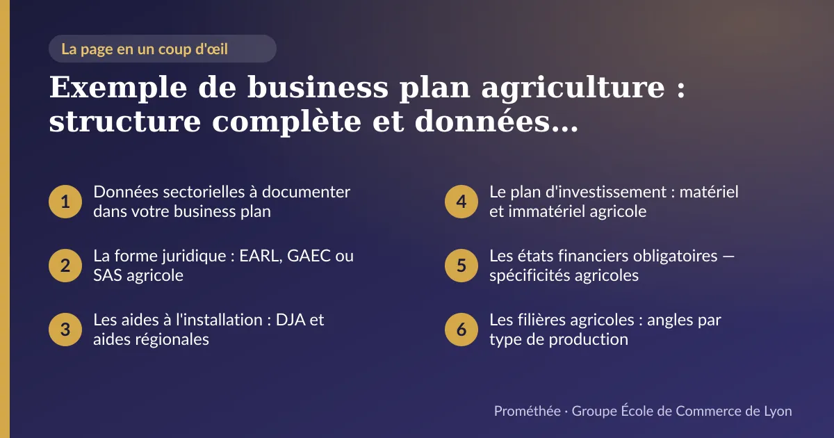 Infographie : plan de la page « Exemple de business plan agriculture : structure complète et données sectorielles réelles » — Données sectorielles à documenter dans votre business plan ; La forme juridique : EARL, GAEC ou SAS agricole ; Les aides à l'installation : DJA et aides régionales ; Le plan d'investissement : matériel et immatériel agricole ; Les états financiers obligatoires — spécificités agricoles ; Les filières agricoles : angles par type de production