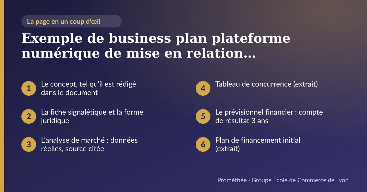 Infographie : plan de la page « Exemple de business plan plateforme numérique de mise en relation : extraits d'un document modèle ECL réel » — Le concept, tel qu'il est rédigé dans le document ; La fiche signalétique et la forme juridique ; L'analyse de marché : données réelles, source citée ; Tableau de concurrence (extrait) ; Le prévisionnel financier : compte de résultat 3 ans ; Plan de financement initial (extrait)