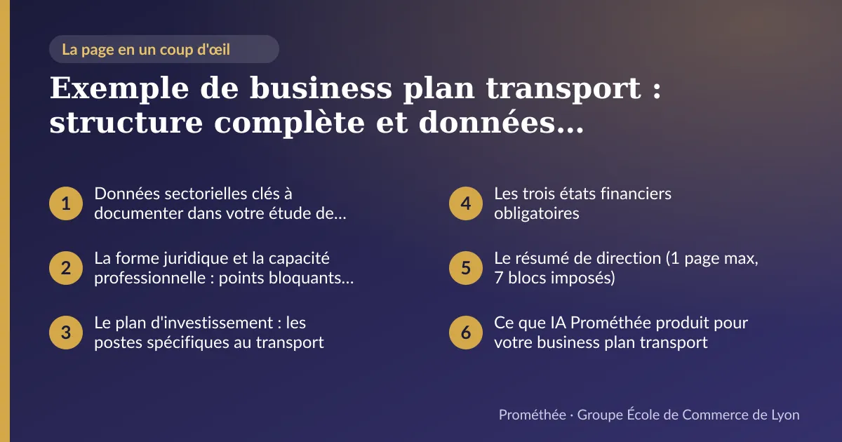 Infographie : plan de la page « Exemple de business plan transport : structure complète et données sectorielles réelles » — Données sectorielles clés à documenter dans votre étude de marché ; La forme juridique et la capacité professionnelle : points bloquants à anticiper ; Le plan d'investissement : les postes spécifiques au transport ; Les trois états financiers obligatoires ; Le résumé de direction (1 page max, 7 blocs imposés) ; Ce que IA Prométhée produit pour votre business plan transport