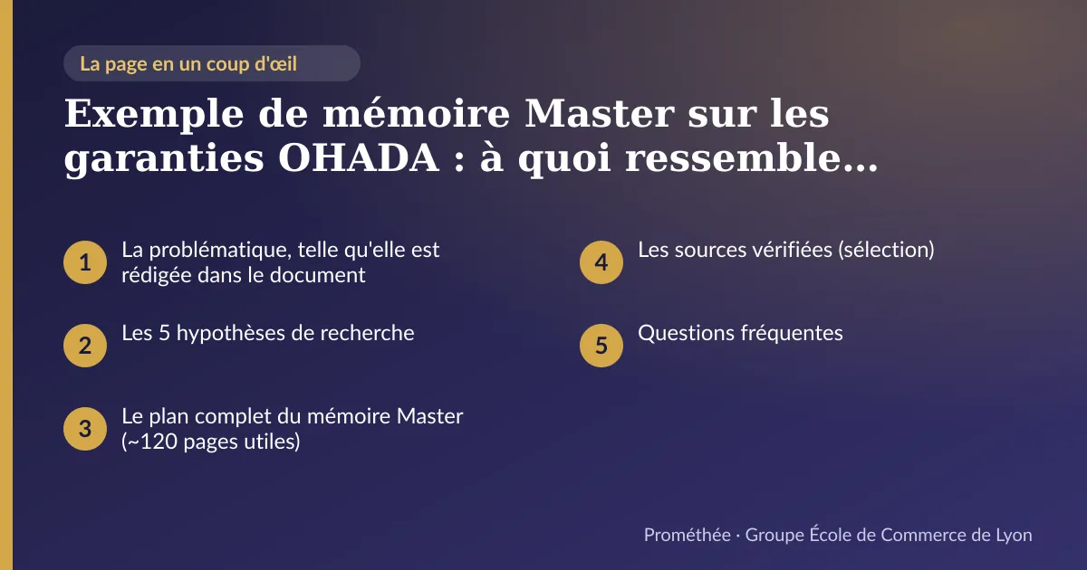 Infographie : plan de la page « Exemple de mémoire Master sur les garanties OHADA : à quoi ressemble une recherche en droit des affaires africain » — La problématique, telle qu'elle est rédigée dans le document ; Les 5 hypothèses de recherche ; Le plan complet du mémoire Master (~120 pages utiles) ; Les sources vérifiées (sélection) ; Questions fréquentes