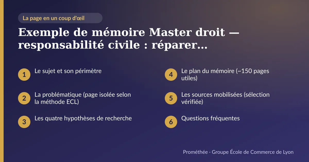 Infographie : plan de la page « Exemple de mémoire Master droit — responsabilité civile : réparer, prévenir, punir ? » — Le sujet et son périmètre ; La problématique (page isolée selon la méthode ECL) ; Les quatre hypothèses de recherche ; Le plan du mémoire (~150 pages utiles) ; Les sources mobilisées (sélection vérifiée) ; Questions fréquentes