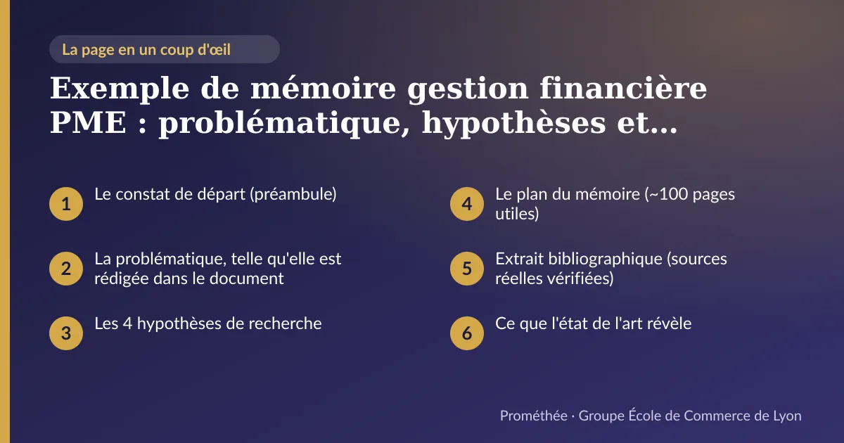 Infographie : plan de la page « Exemple de mémoire gestion financière PME : problématique, hypothèses et plan réels (Bachelor 3) » — Le constat de départ (préambule) ; La problématique, telle qu'elle est rédigée dans le document ; Les 4 hypothèses de recherche ; Le plan du mémoire (~100 pages utiles) ; Extrait bibliographique (sources réelles vérifiées) ; Ce que l'état de l'art révèle