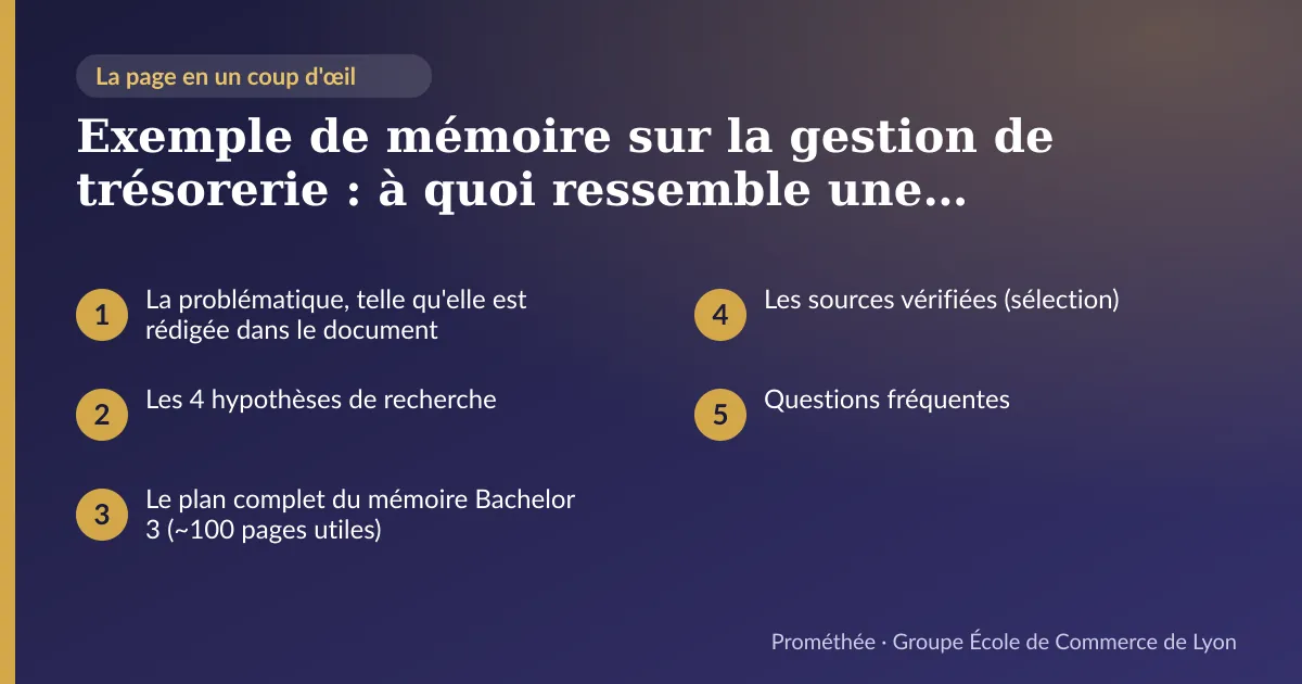 Infographie : plan de la page « Exemple de mémoire sur la gestion de trésorerie : à quoi ressemble une recherche en finance d'entreprise » — La problématique, telle qu'elle est rédigée dans le document ; Les 4 hypothèses de recherche ; Le plan complet du mémoire Bachelor 3 (~100 pages utiles) ; Les sources vérifiées (sélection) ; Questions fréquentes