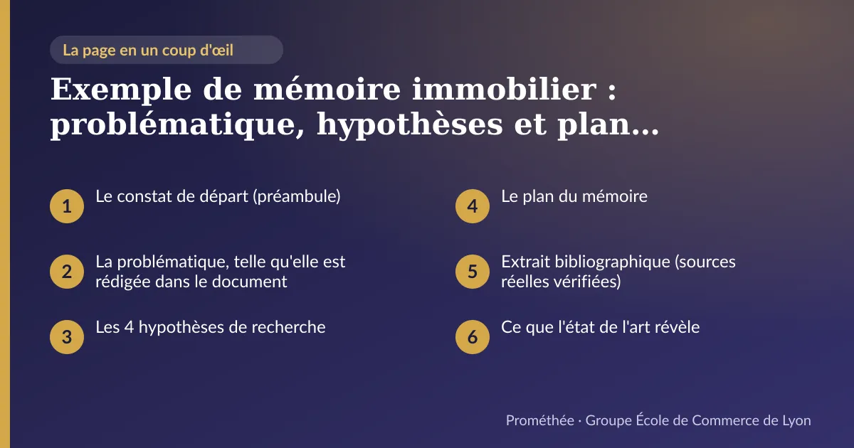 Infographie : plan de la page « Exemple de mémoire immobilier : problématique, hypothèses et plan réels (Bachelor 3 Management) » — Le constat de départ (préambule) ; La problématique, telle qu'elle est rédigée dans le document ; Les 4 hypothèses de recherche ; Le plan du mémoire ; Extrait bibliographique (sources réelles vérifiées) ; Ce que l'état de l'art révèle