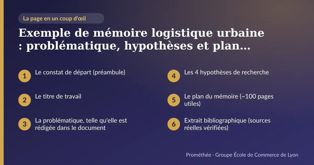 Infographie : plan de la page « Exemple de mémoire logistique urbaine : problématique, hypothèses et plan réels (Bachelor 3) » — Le constat de départ (préambule) ; Le titre de travail ; La problématique, telle qu'elle est rédigée dans le document ; Les 4 hypothèses de recherche ; Le plan du mémoire (~100 pages utiles) ; Extrait bibliographique (sources réelles vérifiées)