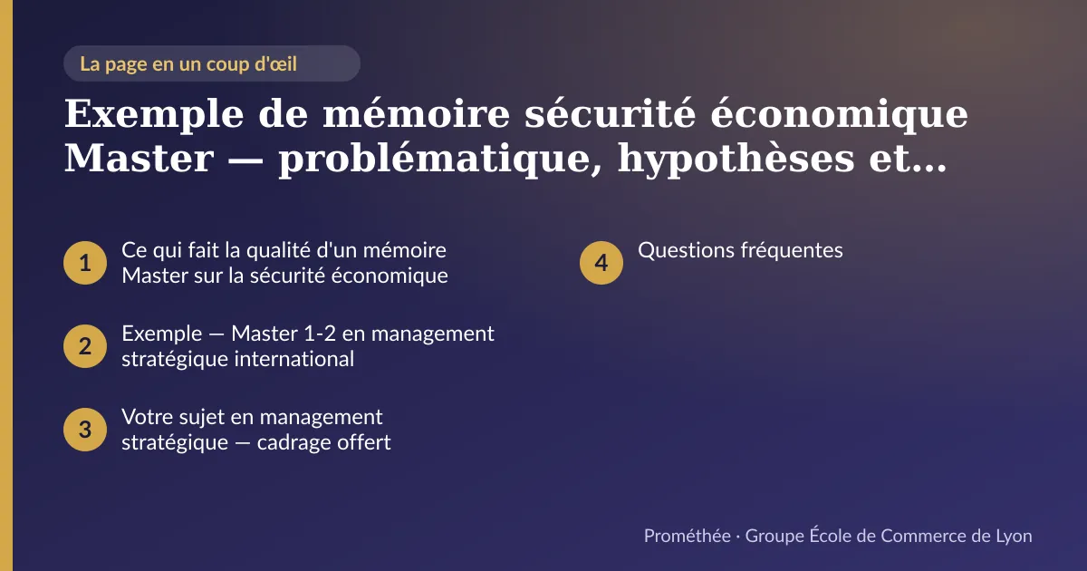 Infographie : plan de la page « Exemple de mémoire sécurité économique Master — problématique, hypothèses et plan réels » — Ce qui fait la qualité d'un mémoire Master sur la sécurité économique ; Exemple — Master 1-2 en management stratégique international ; Votre sujet en management stratégique — cadrage offert ; Questions fréquentes