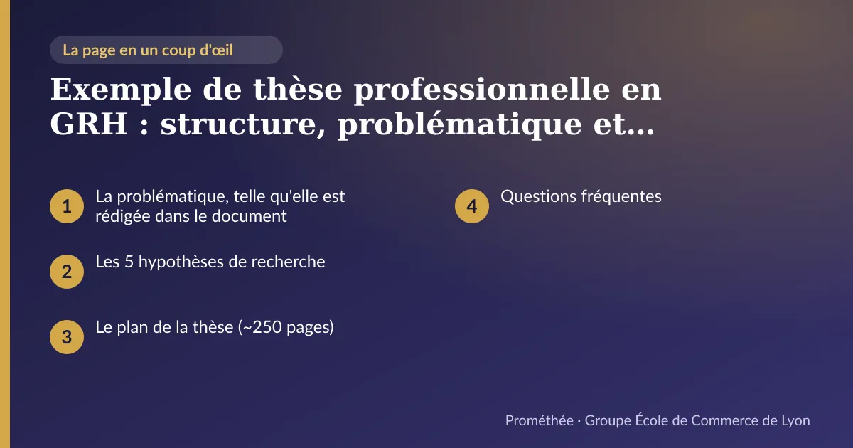Infographie : plan de la page « Exemple de thèse professionnelle en GRH : structure, problématique et hypothèses réelles » — La problématique, telle qu'elle est rédigée dans le document ; Les 5 hypothèses de recherche ; Le plan de la thèse (~250 pages) ; Questions fréquentes