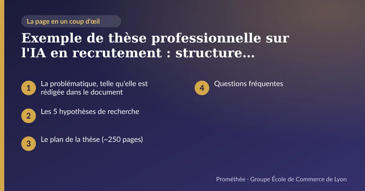 Infographie : plan de la page « Exemple de thèse professionnelle sur l'IA en recrutement : structure, problématique et hypothèses réelles » — La problématique, telle qu'elle est rédigée dans le document ; Les 5 hypothèses de recherche ; Le plan de la thèse (~250 pages) ; Questions fréquentes