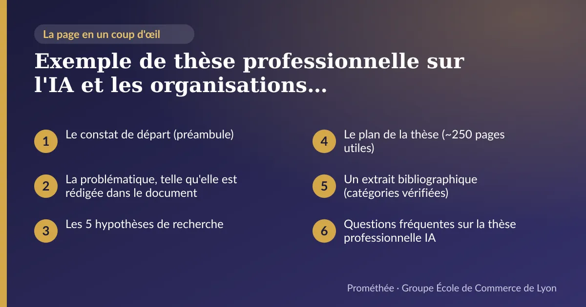 Infographie : plan de la page « Exemple de thèse professionnelle sur l'IA et les organisations : problématique, hypothèses et plan réels (Master 2, ~250 pages) » — Le constat de départ (préambule) ; La problématique, telle qu'elle est rédigée dans le document ; Les 5 hypothèses de recherche ; Le plan de la thèse (~250 pages utiles) ; Un extrait bibliographique (catégories vérifiées) ; Questions fréquentes sur la thèse professionnelle IA