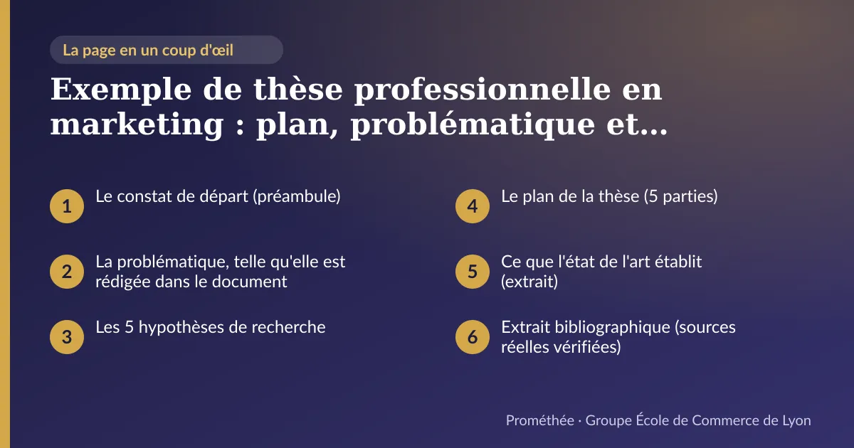 Infographie : plan de la page « Exemple de thèse professionnelle en marketing : plan, problématique et extraits réels » — Le constat de départ (préambule) ; La problématique, telle qu'elle est rédigée dans le document ; Les 5 hypothèses de recherche ; Le plan de la thèse (5 parties) ; Ce que l'état de l'art établit (extrait) ; Extrait bibliographique (sources réelles vérifiées)