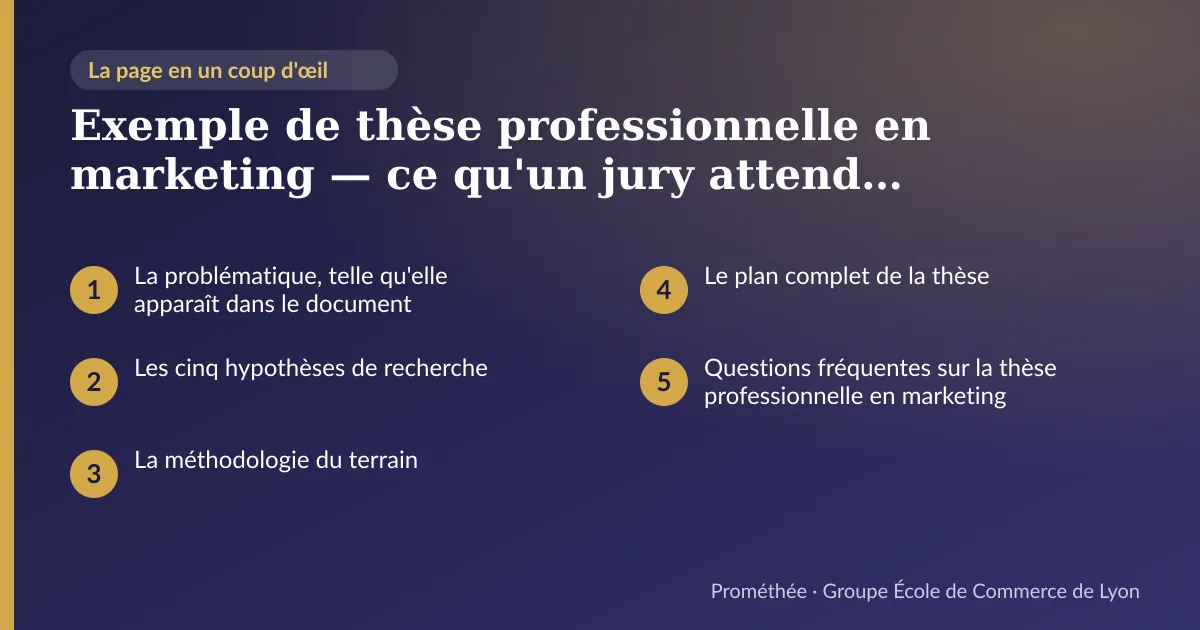 Infographie : plan de la page « Exemple de thèse professionnelle en marketing — ce qu'un jury attend vraiment » — La problématique, telle qu'elle apparaît dans le document ; Les cinq hypothèses de recherche ; La méthodologie du terrain ; Le plan complet de la thèse ; Questions fréquentes sur la thèse professionnelle en marketing