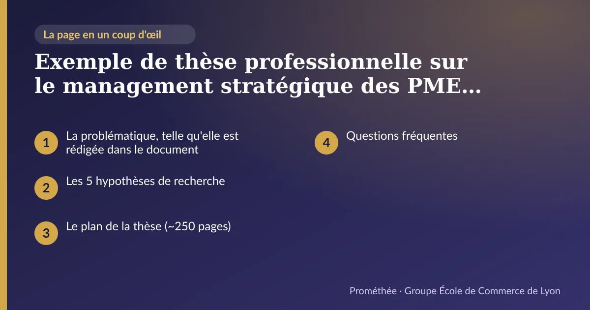 Infographie : plan de la page « Exemple de thèse professionnelle sur le management stratégique des PME : structure, problématique et hypothèses réelles » — La problématique, telle qu'elle est rédigée dans le document ; Les 5 hypothèses de recherche ; Le plan de la thèse (~250 pages) ; Questions fréquentes