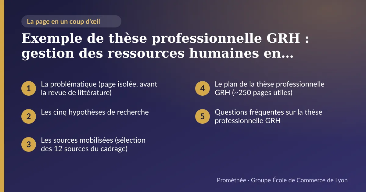Infographie : plan de la page « Exemple de thèse professionnelle GRH : gestion des ressources humaines en contexte africain (2015-2025) » — La problématique (page isolée, avant la revue de littérature) ; Les cinq hypothèses de recherche ; Les sources mobilisées (sélection des 12 sources du cadrage) ; Le plan de la thèse professionnelle GRH (~250 pages utiles) ; Questions fréquentes sur la thèse professionnelle GRH