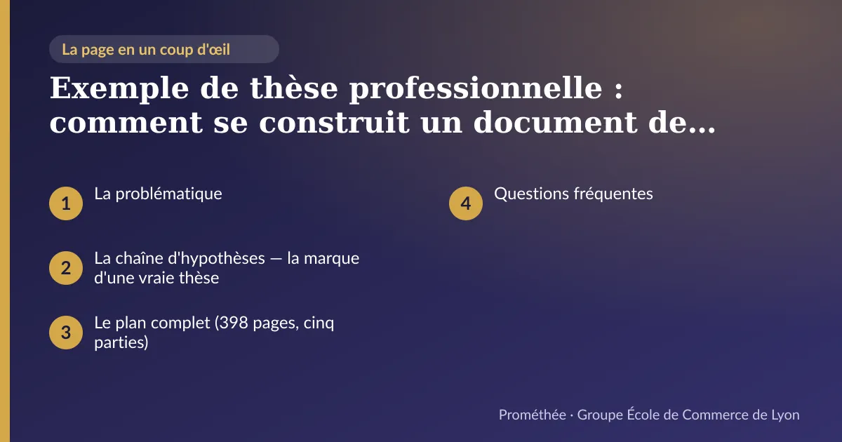 Infographie : plan de la page « Exemple de thèse professionnelle : comment se construit un document de 398 pages qui tient devant un jury » — La problématique ; La chaîne d'hypothèses — la marque d'une vraie thèse ; Le plan complet (398 pages, cinq parties) ; Questions fréquentes