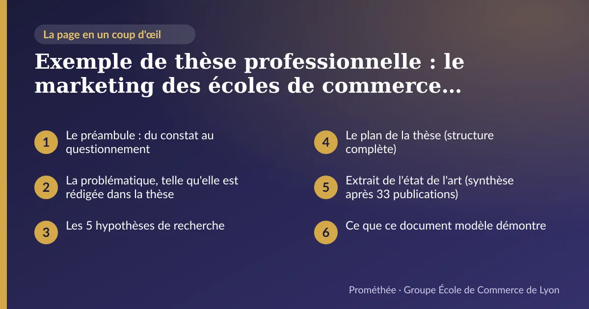 Infographie : plan de la page « Exemple de thèse professionnelle : le marketing des écoles de commerce (Master 2 — Sciences de gestion) » — Le préambule : du constat au questionnement ; La problématique, telle qu'elle est rédigée dans la thèse ; Les 5 hypothèses de recherche ; Le plan de la thèse (structure complète) ; Extrait de l'état de l'art (synthèse après 33 publications) ; Ce que ce document modèle démontre