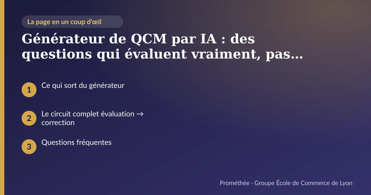 Infographie : plan de la page « Générateur de QCM par IA : des questions qui évaluent vraiment, pas des quiz de foire » — Ce qui sort du générateur ; Le circuit complet évaluation → correction ; Questions fréquentes