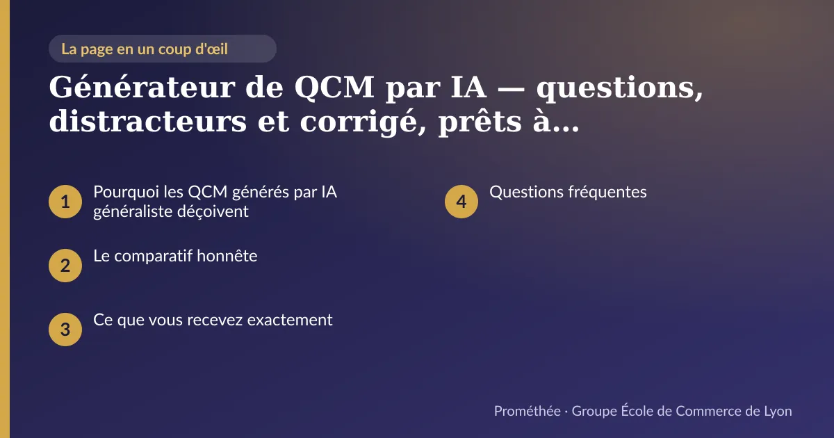 Infographie : plan de la page « Générateur de QCM par IA — questions, distracteurs et corrigé, prêts à déposer » — Pourquoi les QCM générés par IA généraliste déçoivent ; Le comparatif honnête ; Ce que vous recevez exactement ; Questions fréquentes
