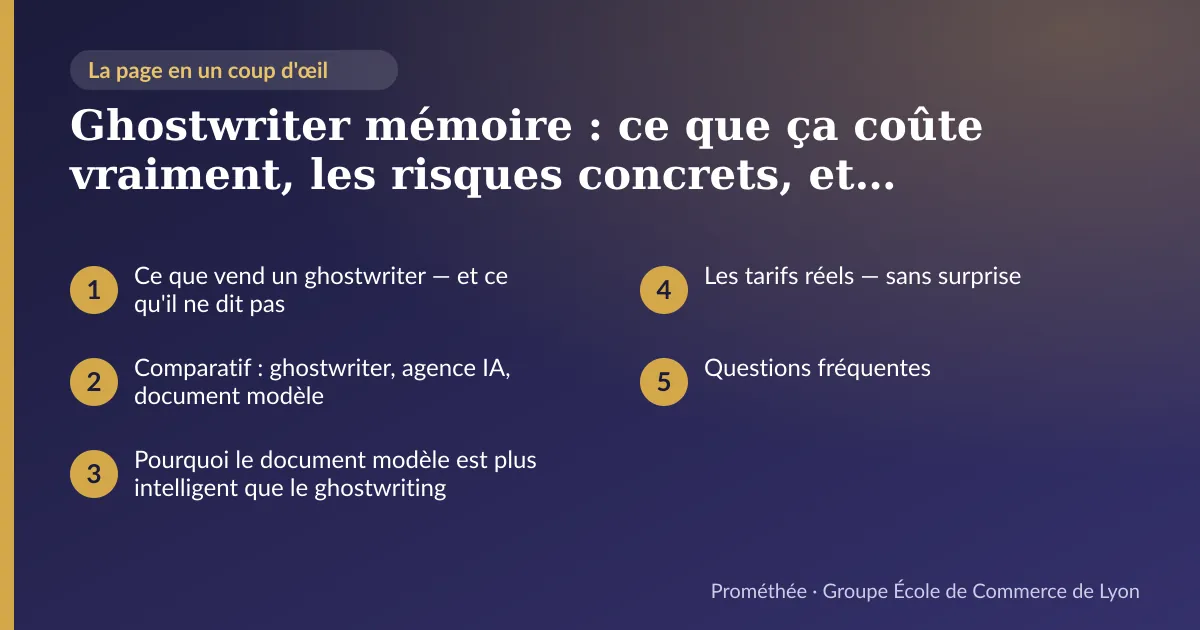 Infographie : plan de la page « Ghostwriter mémoire : ce que ça coûte vraiment, les risques concrets, et pourquoi les étudiants malins font autrement » — Ce que vend un ghostwriter — et ce qu'il ne dit pas ; Comparatif : ghostwriter, agence IA, document modèle ; Pourquoi le document modèle est plus intelligent que le ghostwriting ; Les tarifs réels — sans surprise ; Questions fréquentes