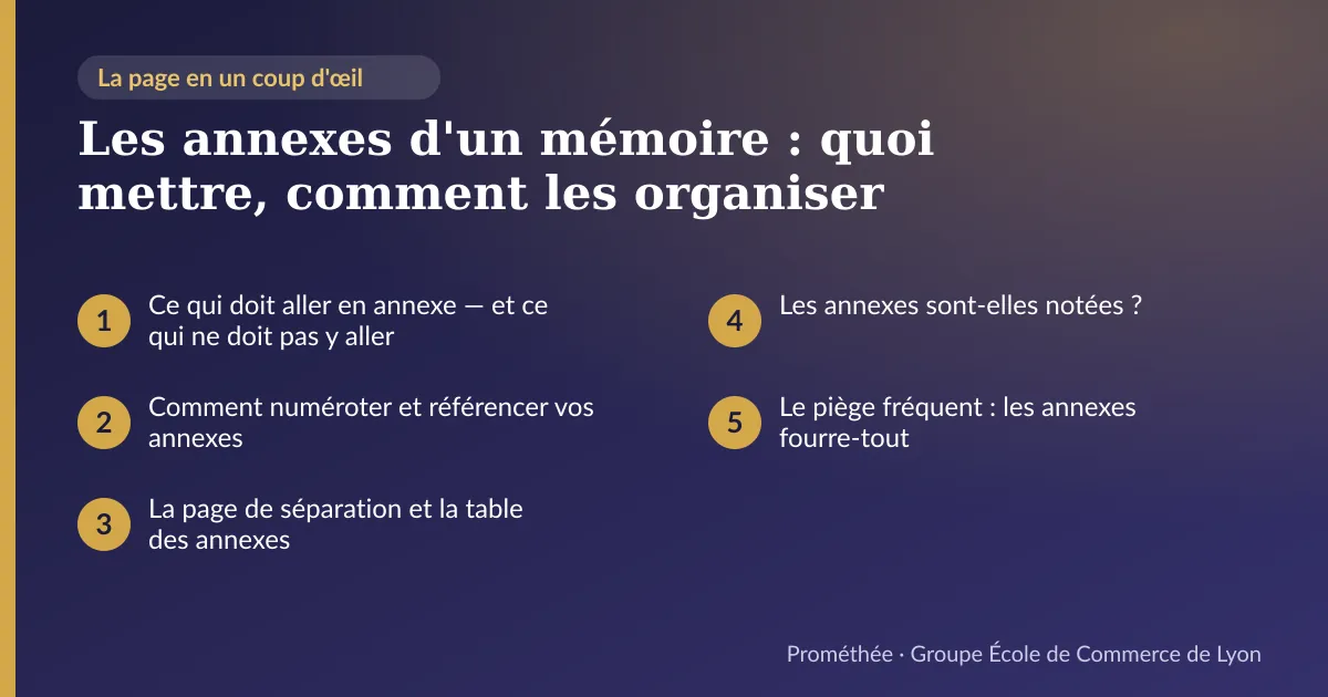 Infographie : plan de la page « Les annexes d'un mémoire : quoi mettre, comment les organiser » — Ce qui doit aller en annexe — et ce qui ne doit pas y aller ; Comment numéroter et référencer vos annexes ; La page de séparation et la table des annexes ; Les annexes sont-elles notées ? ; Le piège fréquent : les annexes fourre-tout