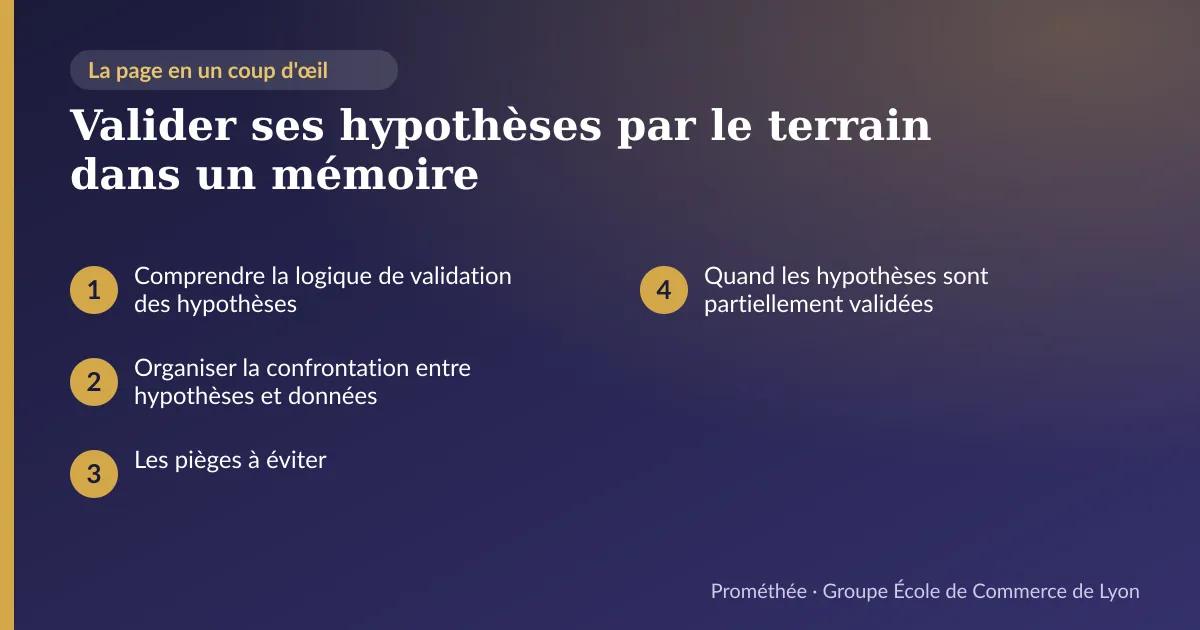 Infographie : plan de la page « Valider ses hypothèses par le terrain dans un mémoire » — Comprendre la logique de validation des hypothèses ; Organiser la confrontation entre hypothèses et données ; Les pièges à éviter ; Quand les hypothèses sont partiellement validées