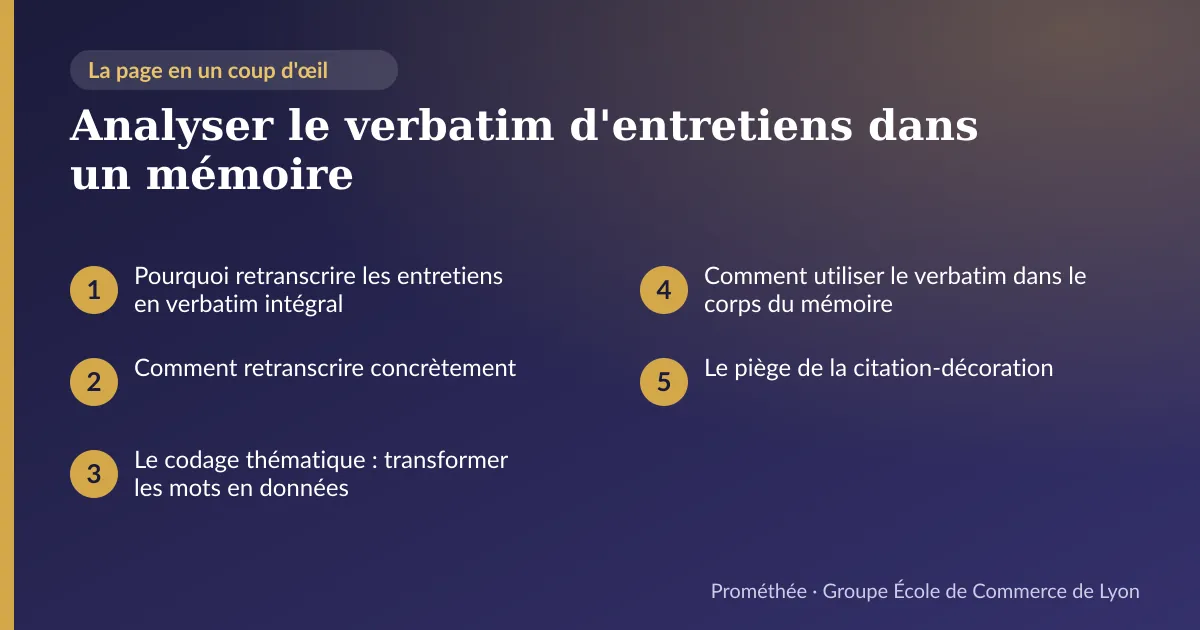 Infographie : plan de la page « Analyser le verbatim d'entretiens dans un mémoire » — Pourquoi retranscrire les entretiens en verbatim intégral ; Comment retranscrire concrètement ; Le codage thématique : transformer les mots en données ; Comment utiliser le verbatim dans le corps du mémoire ; Le piège de la citation-décoration