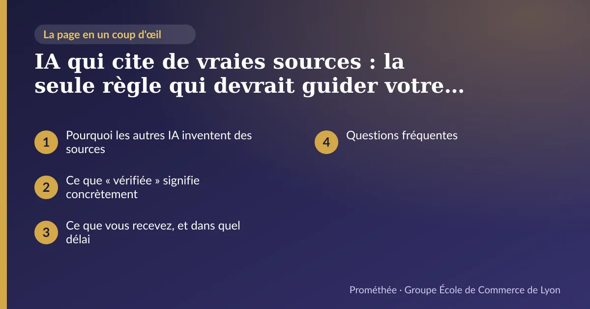 Infographie : plan de la page « IA qui cite de vraies sources : la seule règle qui devrait guider votre choix » — Pourquoi les autres IA inventent des sources ; Ce que « vérifiée » signifie concrètement ; Ce que vous recevez, et dans quel délai ; Questions fréquentes
