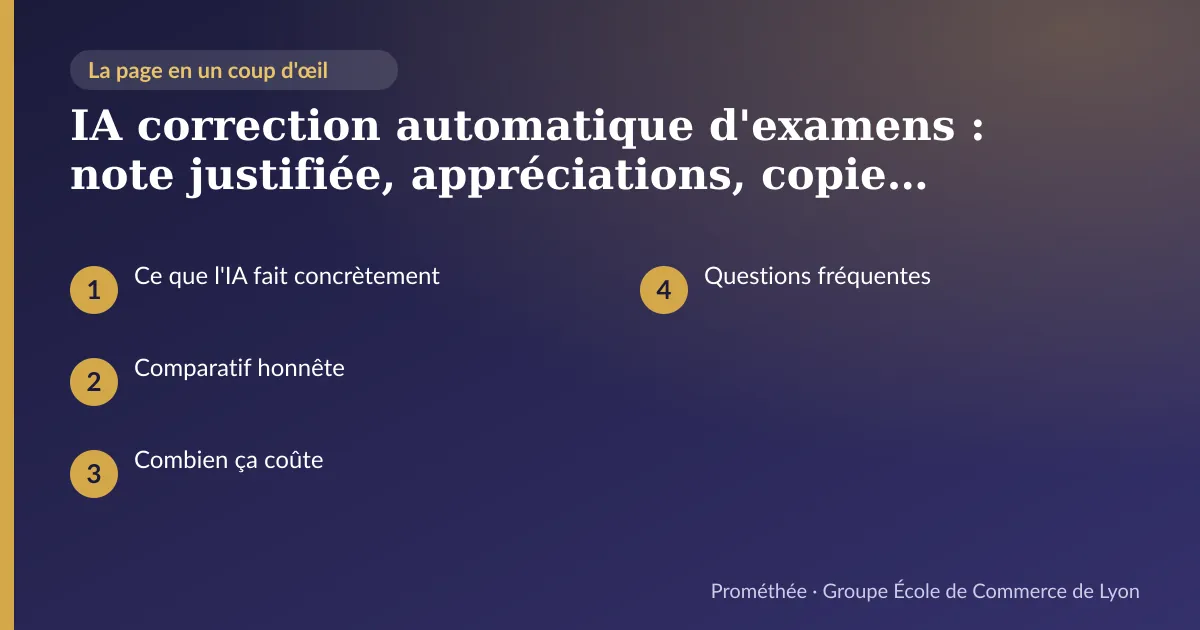 Infographie : plan de la page « IA correction automatique d'examens : note justifiée, appréciations, copie commentée » — Ce que l'IA fait concrètement ; Comparatif honnête ; Combien ça coûte ; Questions fréquentes