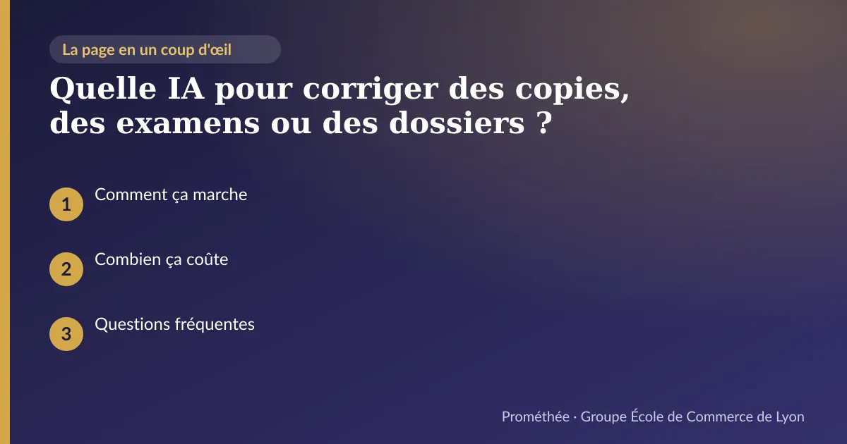 Infographie : plan de la page « Quelle IA pour corriger des copies, des examens ou des dossiers ? » — Comment ça marche ; Combien ça coûte ; Questions fréquentes