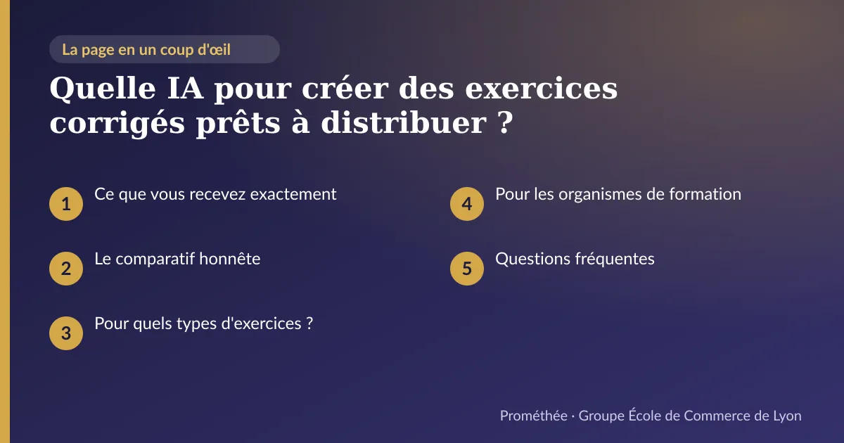 Infographie : plan de la page « Quelle IA pour créer des exercices corrigés prêts à distribuer ? » — Ce que vous recevez exactement ; Le comparatif honnête ; Pour quels types d'exercices ? ; Pour les organismes de formation ; Questions fréquentes