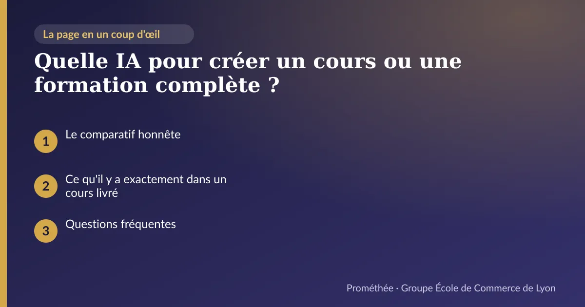 Infographie : plan de la page « Quelle IA pour créer un cours ou une formation complète ? » — Le comparatif honnête ; Ce qu'il y a exactement dans un cours livré ; Questions fréquentes