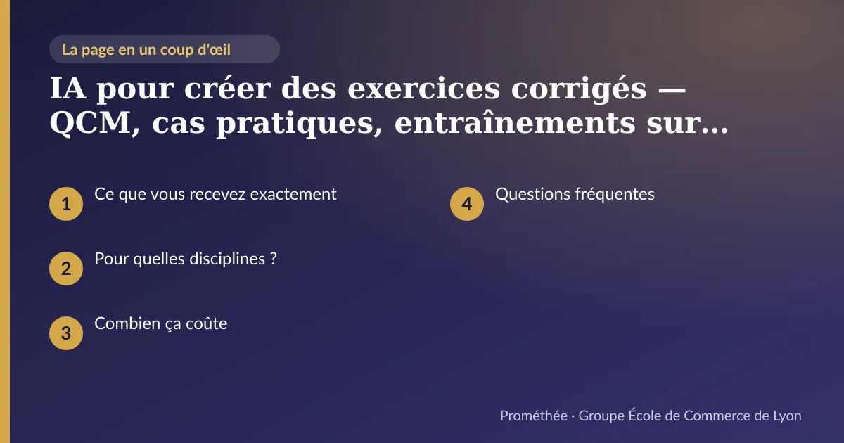Infographie : plan de la page « IA pour créer des exercices corrigés — QCM, cas pratiques, entraînements sur mesure » — Ce que vous recevez exactement ; Pour quelles disciplines ? ; Combien ça coûte ; Questions fréquentes