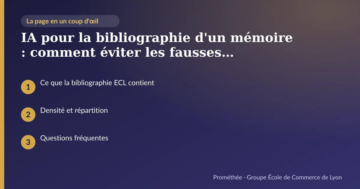 Infographie : plan de la page « IA pour la bibliographie d'un mémoire : comment éviter les fausses références » — Ce que la bibliographie ECL contient ; Densité et répartition ; Questions fréquentes