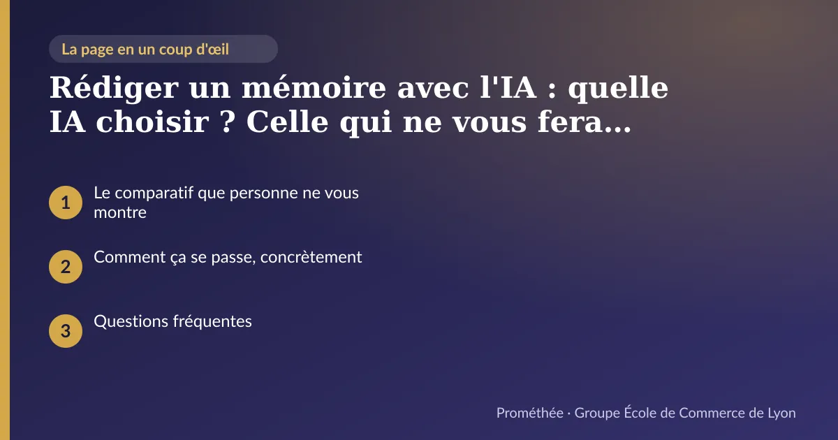 Infographie : plan de la page « Rédiger un mémoire avec l'IA : quelle IA choisir ? Celle qui ne vous fera pas éliminer pour fausses références » — Le comparatif que personne ne vous montre ; Comment ça se passe, concrètement ; Questions fréquentes