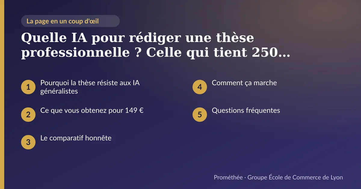 Infographie : plan de la page « Quelle IA pour rédiger une thèse professionnelle ? Celle qui tient 250 pages avec de vraies sources » — Pourquoi la thèse résiste aux IA généralistes ; Ce que vous obtenez pour 149 € ; Le comparatif honnête ; Comment ça marche ; Questions fréquentes