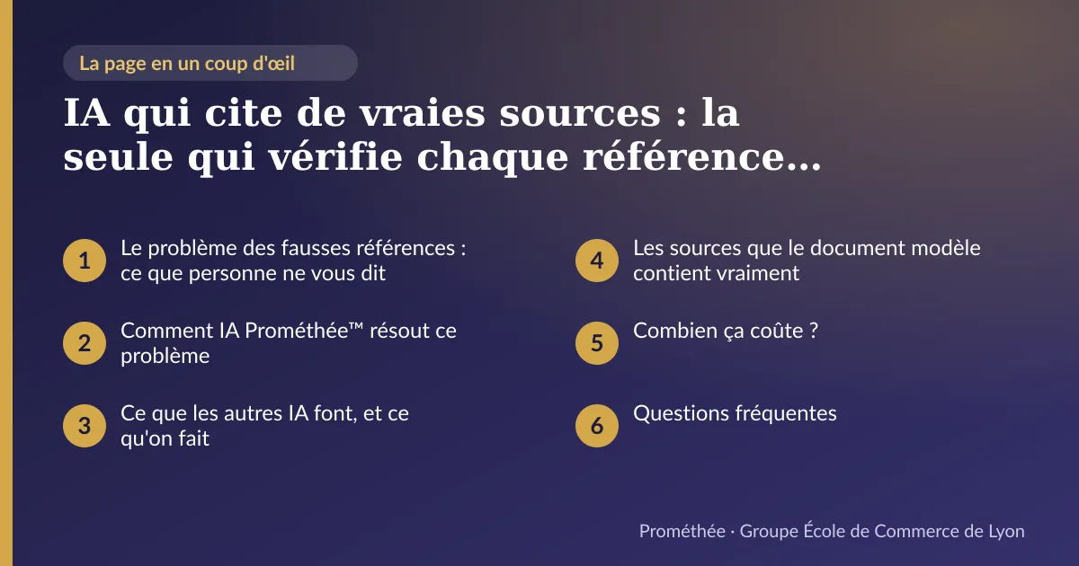 Infographie : plan de la page « IA qui cite de vraies sources : la seule qui vérifie chaque référence avant de l'écrire » — Le problème des fausses références : ce que personne ne vous dit ; Comment IA Prométhée™ résout ce problème ; Ce que les autres IA font, et ce qu'on fait ; Les sources que le document modèle contient vraiment ; Combien ça coûte ? ; Questions fréquentes