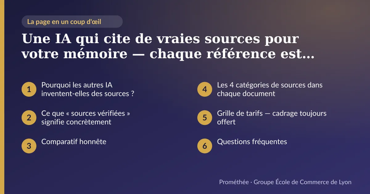 Infographie : plan de la page « Une IA qui cite de vraies sources pour votre mémoire — chaque référence est vérifiée avant d'entrer dans le document » — Pourquoi les autres IA inventent-elles des sources ? ; Ce que « sources vérifiées » signifie concrètement ; Comparatif honnête ; Les 4 catégories de sources dans chaque document ; Grille de tarifs — cadrage toujours offert ; Questions fréquentes
