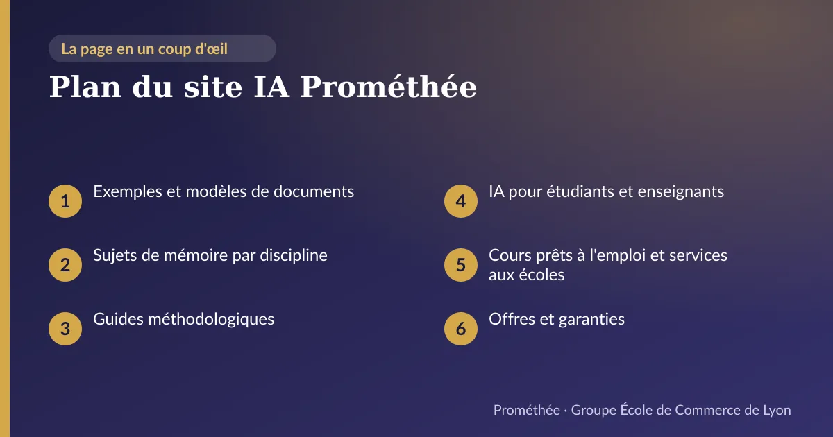 Infographie : plan de la page « Plan du site IA Prométhée » — Exemples et modèles de documents ; Sujets de mémoire par discipline ; Guides méthodologiques ; IA pour étudiants et enseignants ; Cours prêts à l'emploi et services aux écoles ; Offres et garanties